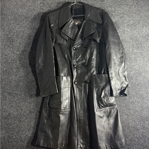Kaufmann’s Women’s Black Leather Trench Coat Size 38 Vintage Made in Israel - Picture 1 of 9